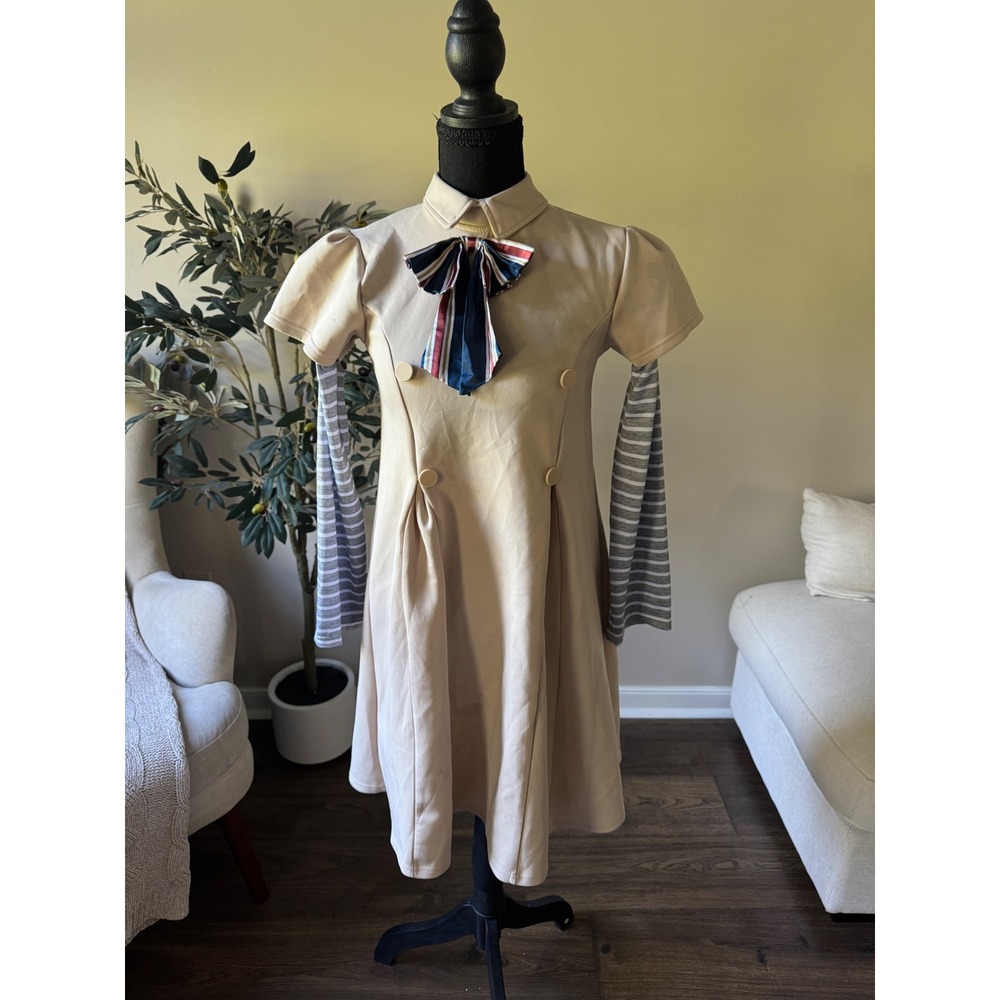M3GAN Movie Costume Dress Tan Striped Sleeves Bow Tie Cosplay XL Universal